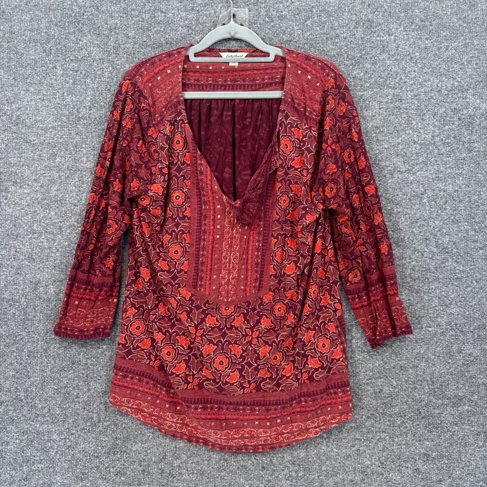 Lucky Brand Peasant Blouse Women 1X Red Floral Print Split Neck Boho Plus Size